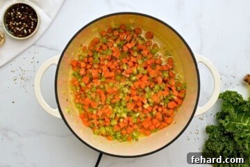 Sauteed onions, celery, carrots, and herbs in soup pan with wine added to deglaze the pan.
