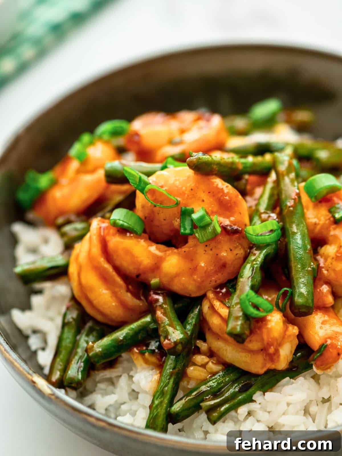 Delicious Hunan Shrimp with vibrant green beans, served over fluffy white rice and garnished with fresh green onions for a perfect weeknight meal.