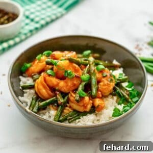 Copycat Hunan Shrimp with homemade Hunan Sauce and green beans served over white rice topped with green onions, showcasing a perfect meal.