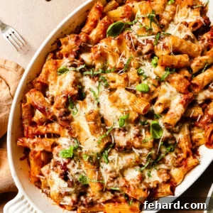 overhead view of baked rigatoni with ground beef.