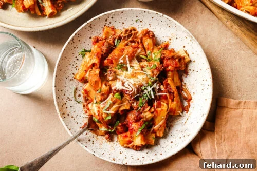 baked rigatoni with ground beef in a plate