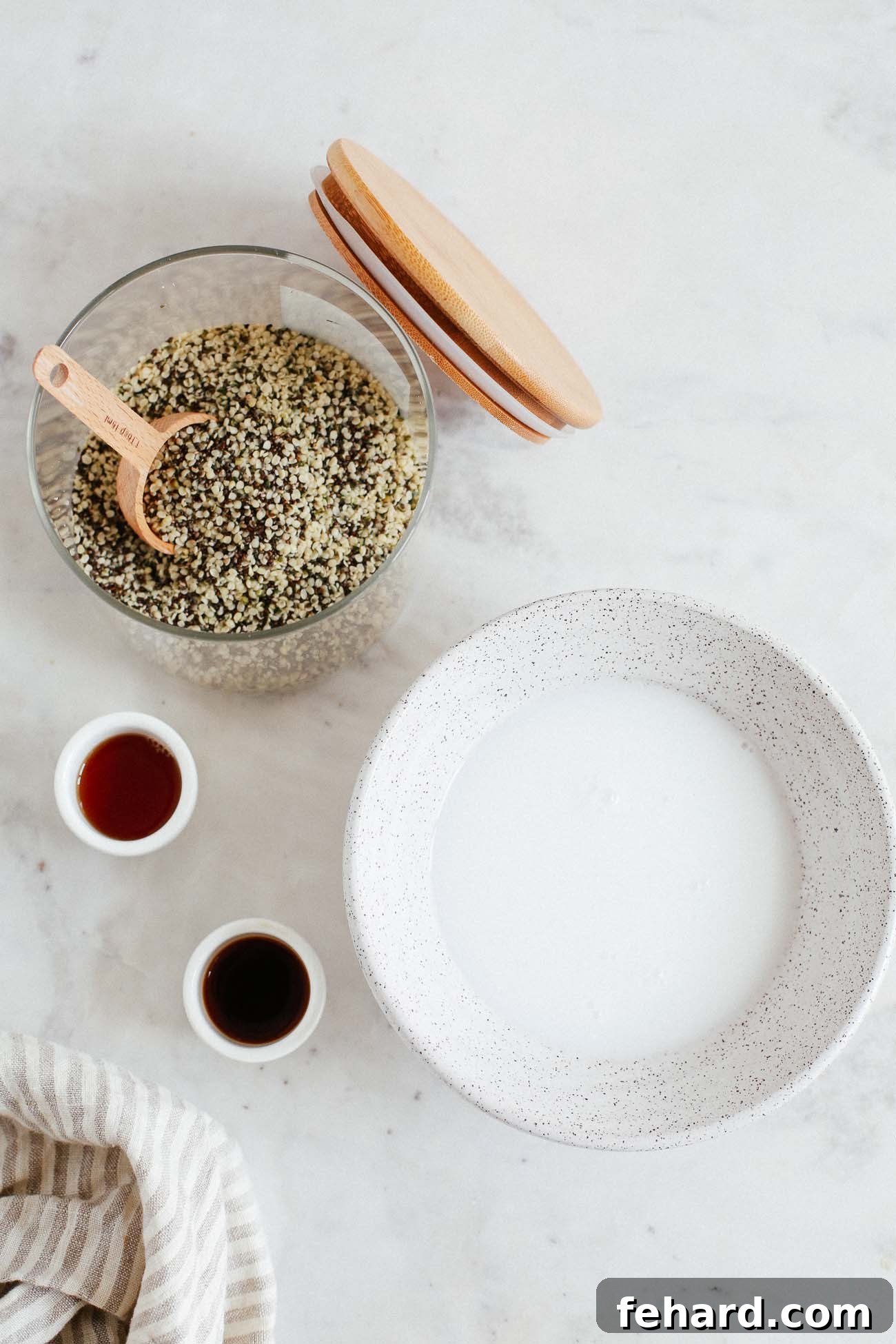 Luscious Strawberry Chia Delight 3 Two separate photos showing the process of mixing chia seeds with coconut milk in a bowl, illustrating the initial steps of preparing the pudding base.