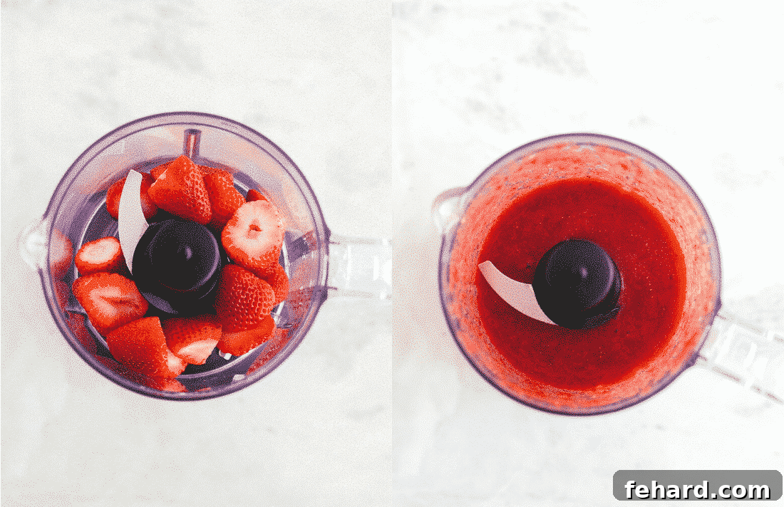 Luscious Strawberry Chia Delight 5 A two-part image showcasing the process of pureeing fresh strawberries in a food processor, highlighting the creation of the sweet fruit layer.