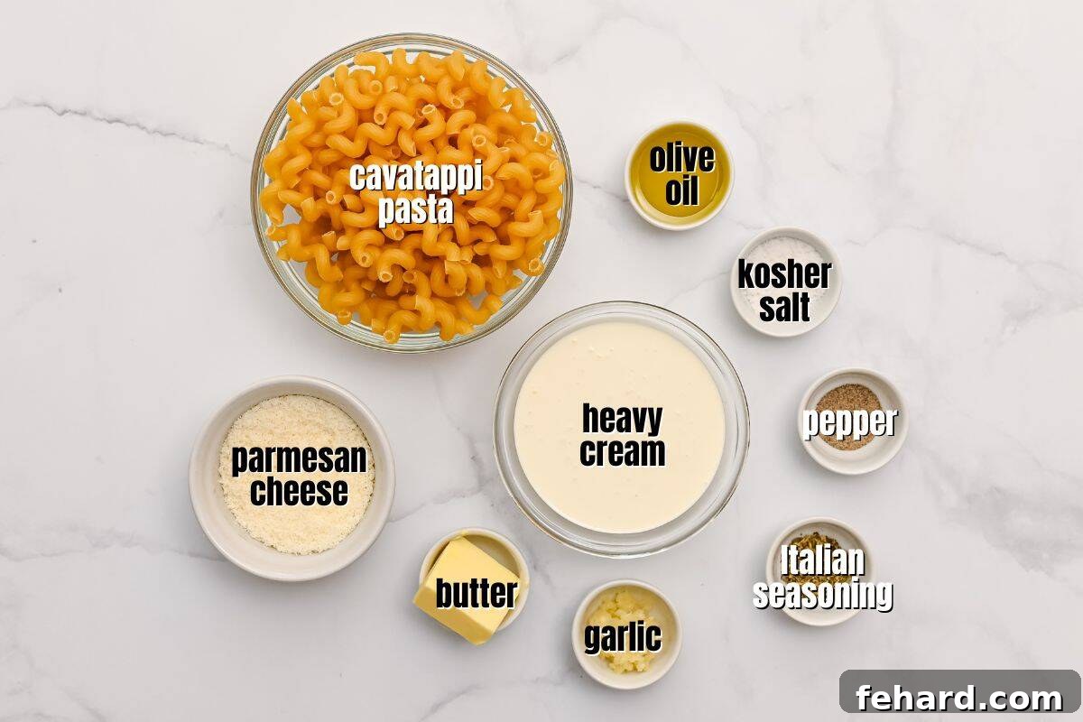 Cavatappi Pasta Recipe Ingredients A selection of fresh ingredients neatly arranged on a counter, including cavatappi pasta, heavy cream, garlic, parmesan cheese, butter, olive oil, and various seasonings.