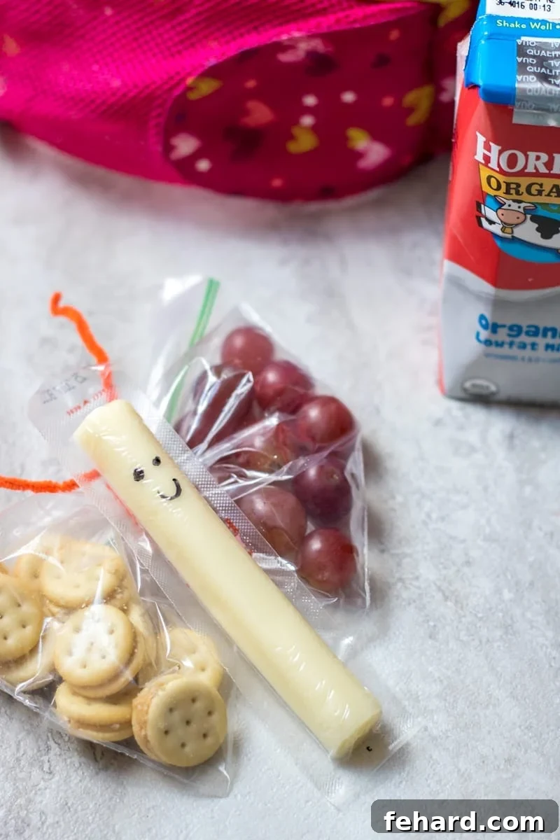 Butterfly lunch bag made with cheese stick, grapes, and crackers.