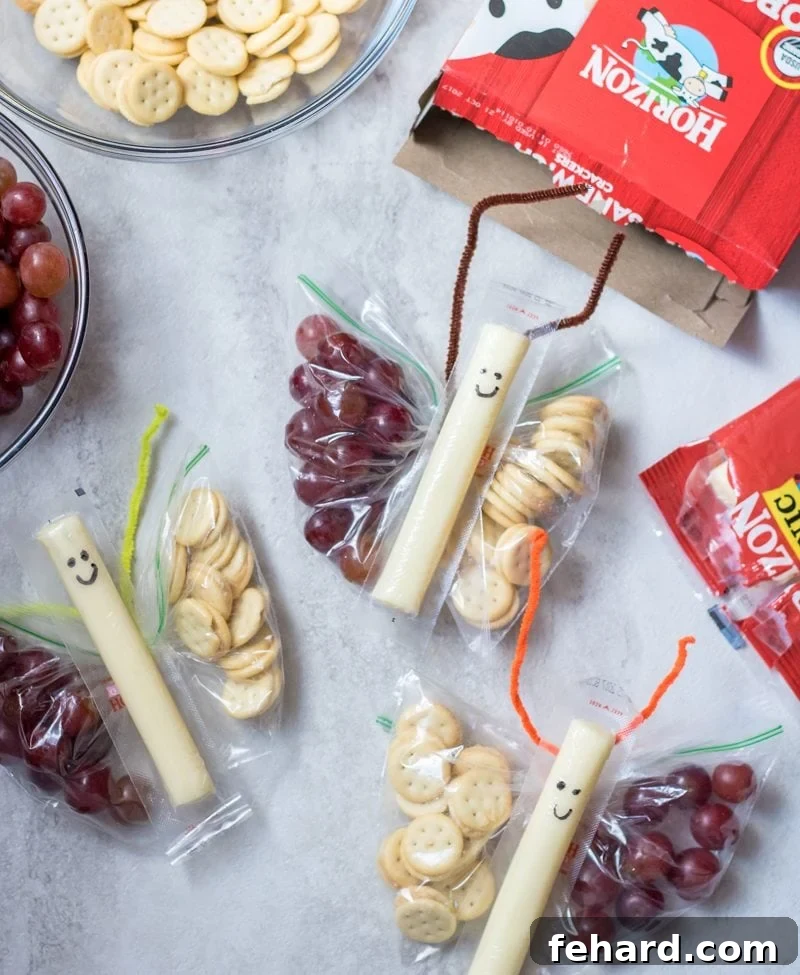 Butterfly snack bags with grapes and crackers and cheese stick
