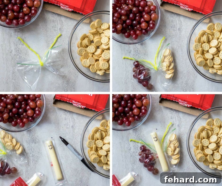 Collage showing steps on how to turn snack bags into butterfly snack bags