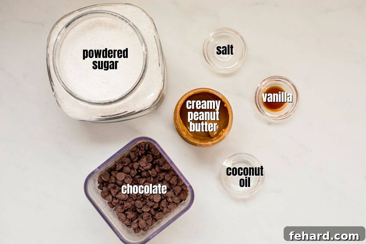 Six key ingredients for homemade peanut butter eggs laid out on a kitchen counter: creamy peanut butter, powdered sugar, salt, vanilla extract, dark chocolate, and coconut oil.