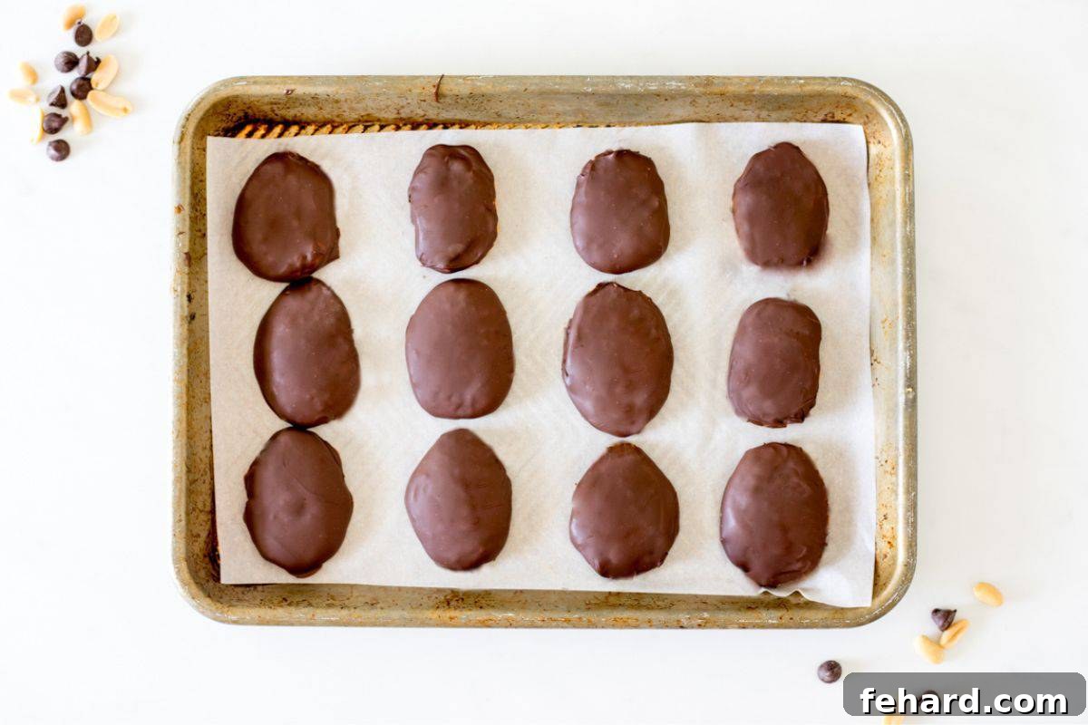 A batch of freshly chocolate-dipped Copycat Reese's Peanut Butter Eggs resting on a parchment-lined baking sheet, showcasing their smooth, dark chocolate coating.