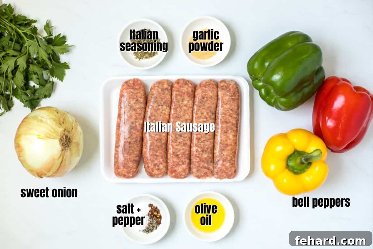 Best Baked Sausage and Peppers Ingredients Fresh ingredients laid out on a kitchen counter for baked sausage with peppers and onions, including colorful bell peppers, onions, Italian sausage, and various spices.
