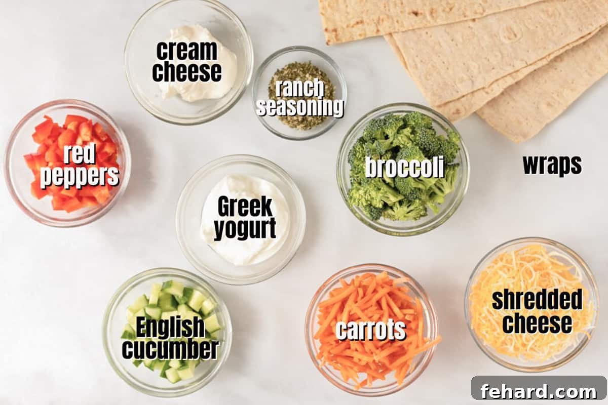 Vegetable Wrap Recipe Ingredients Labeled ingredients for a vegetable wrap on a kitchen counter, including wraps, vegetables, cheese, yogurt, and cream cheese.