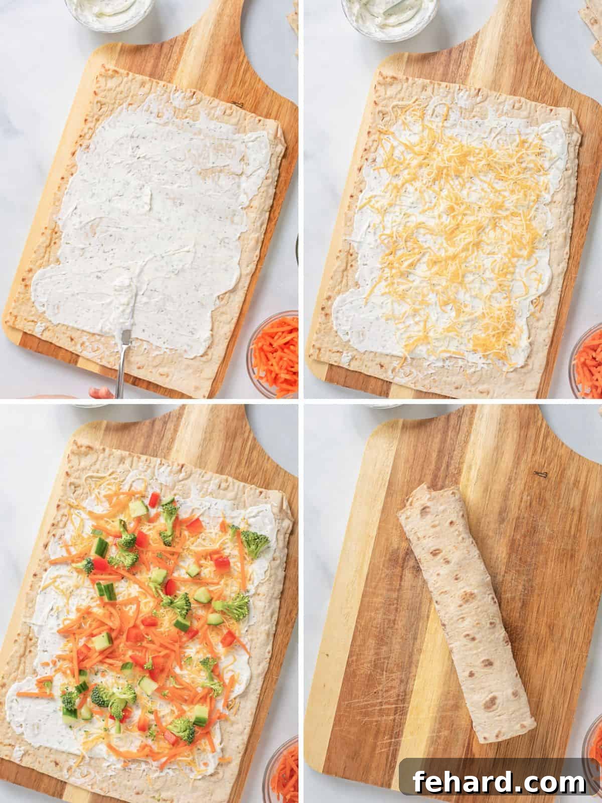Vegetarian Wrap Recipe Assembly Collage of four images demonstrating the step-by-step process of making a veggie wrap: spreading ranch, adding cheese, adding vegetables, and rolling the wrap.