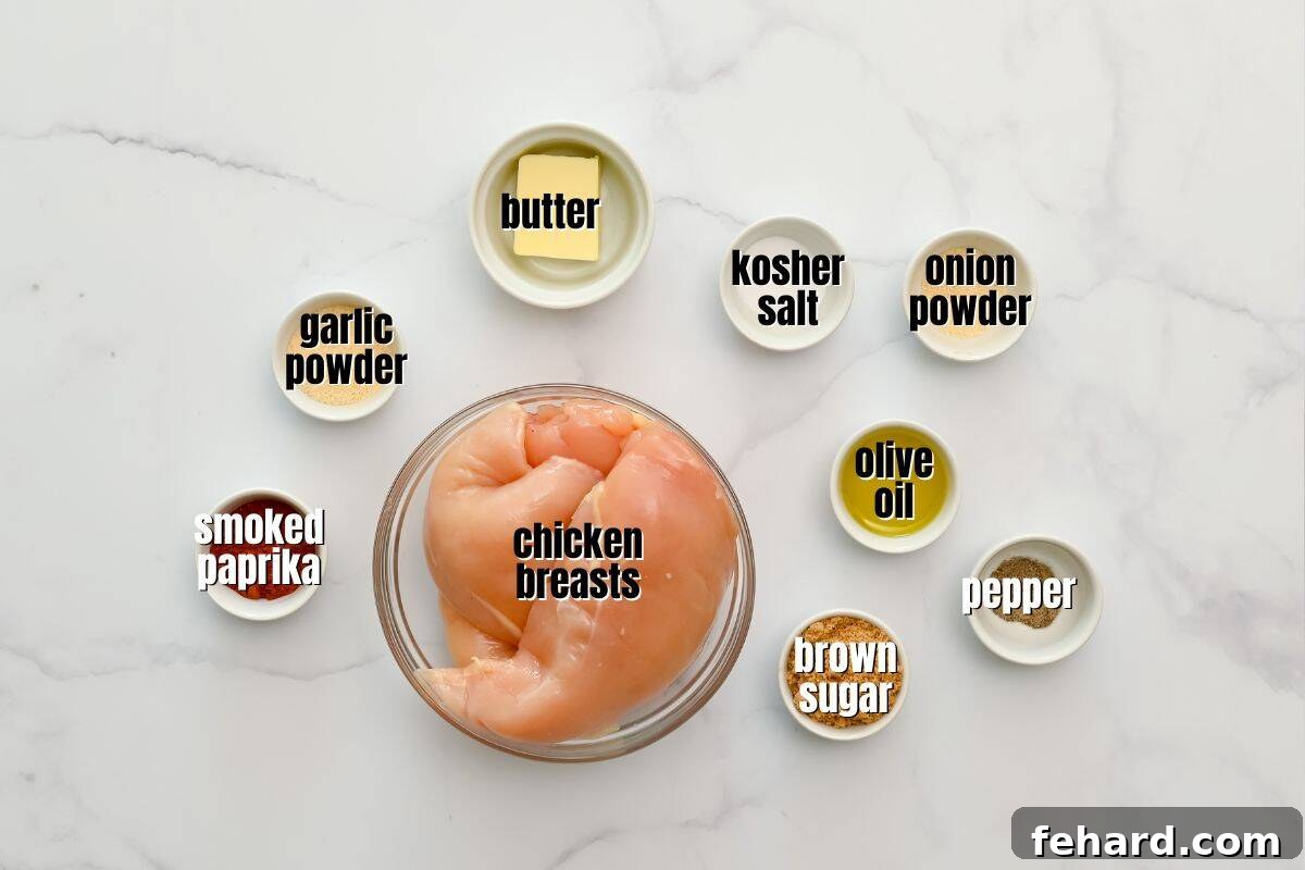Ingredients for brown sugar garlic chicken bites laid out on a kitchen counter.