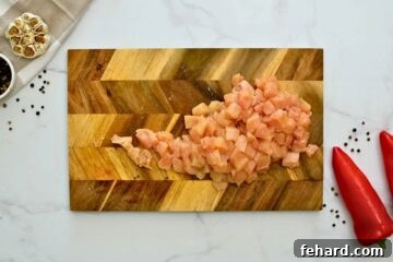 Chicken Breasts cut into 1-inch bite-sized pieces.