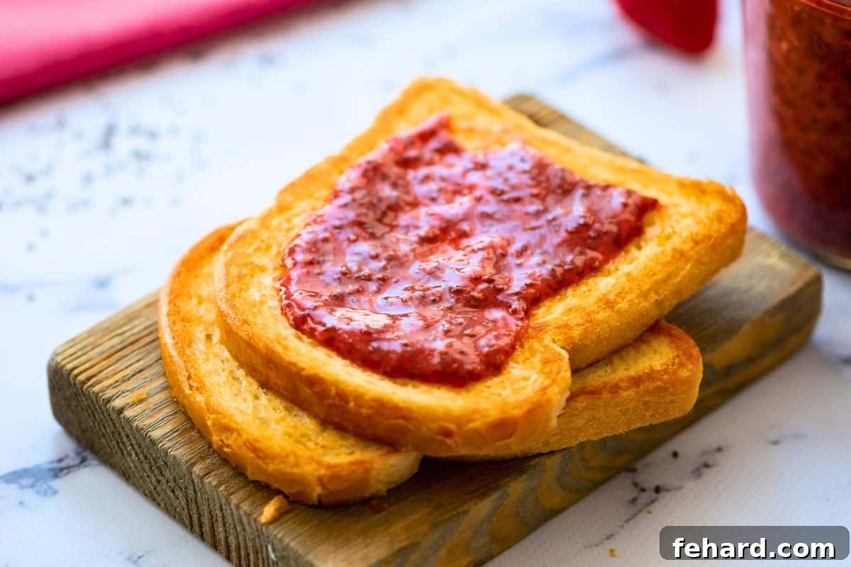 Homemade blended strawberry chia jam spread on toasted bread.