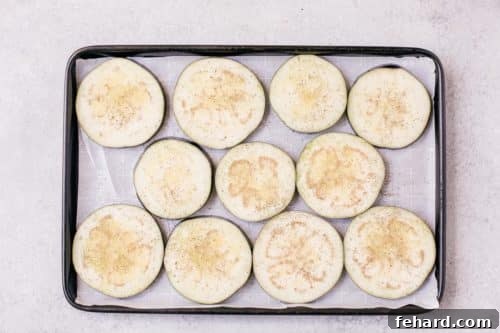 Mini Eggplant Pizzas 9 raw slices of eggplants on a baking sheet