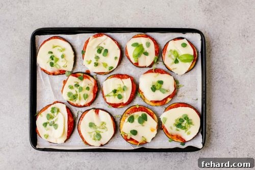 Mini Eggplant Pizzas 11 raw slices of eggplant with tomato sauce on top and mozzarella on a baking sheet