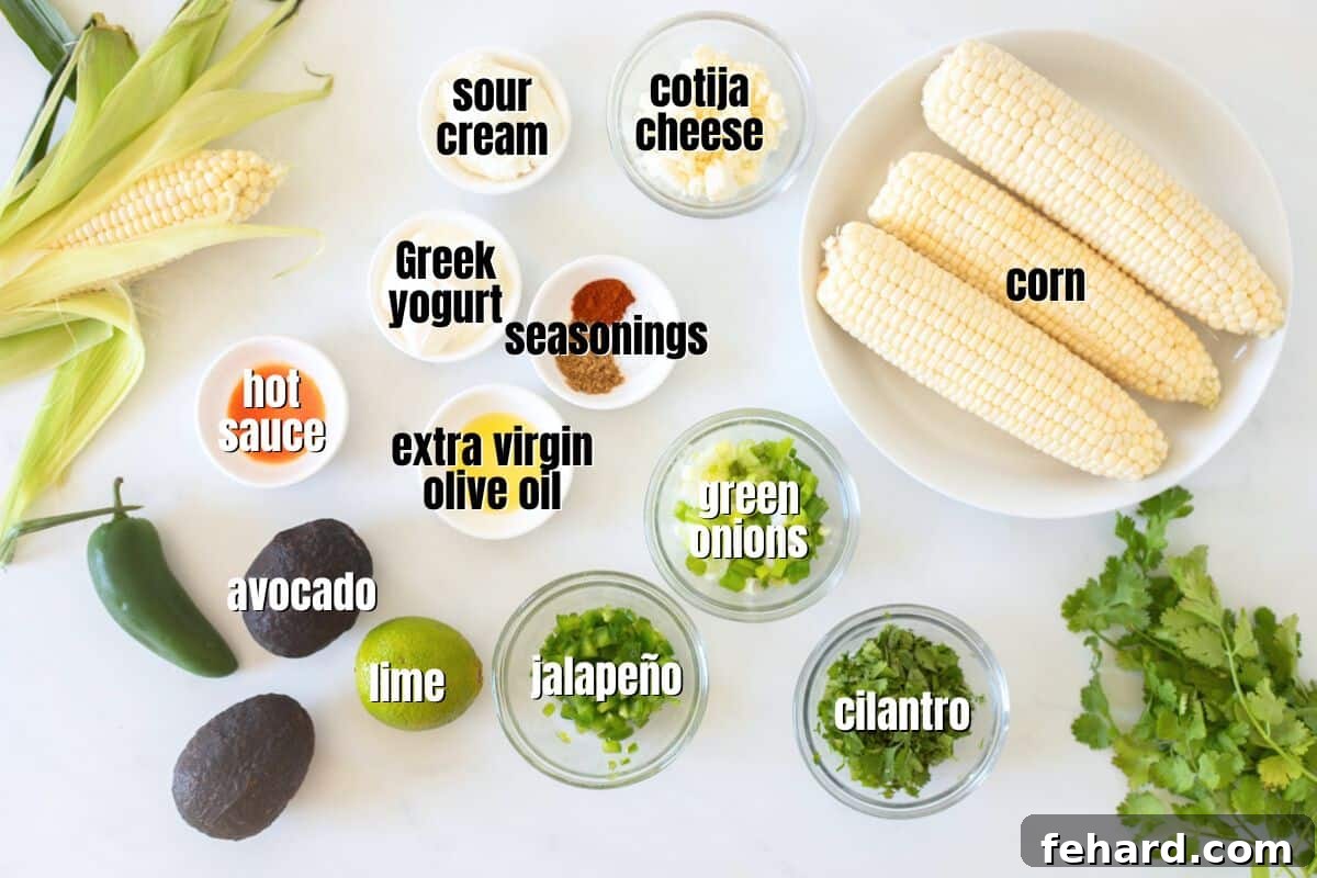 Various small bowls of fresh ingredients for lightened-up street corn salad, including corn, lime, cilantro, and spices, arranged on a kitchen counter.