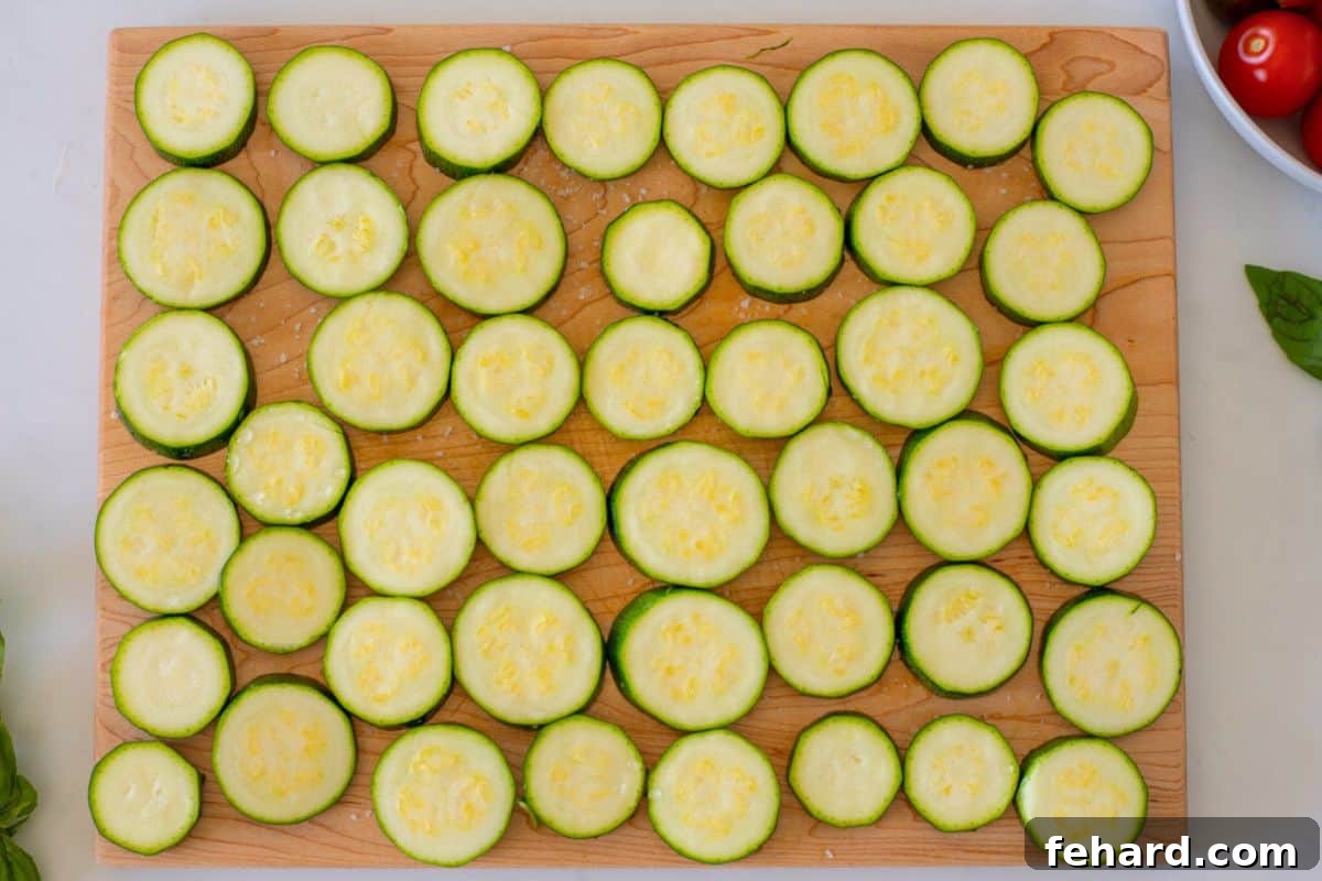 Prepping Zucchini for Grilling Thinly sliced zucchini rounds evenly distributed on a cutting board, generously sprinkled with kosher salt, preparing them for grilling.