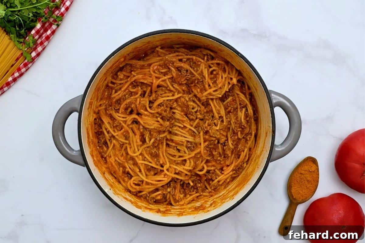 Mexican Spaghetti After Cooking Large stock pan with Mexican Spaghetti after cooking.