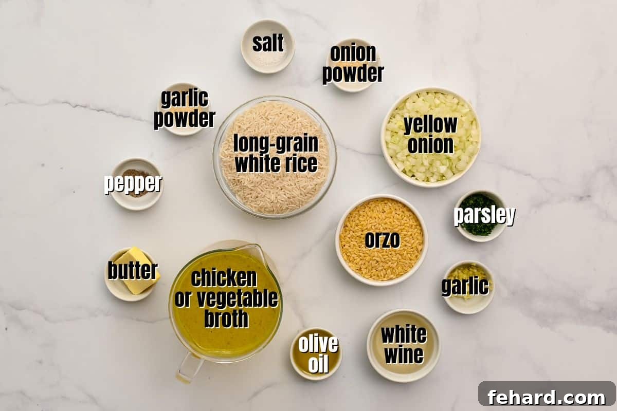 Ingredients for Orzo Rice on counter labeled.