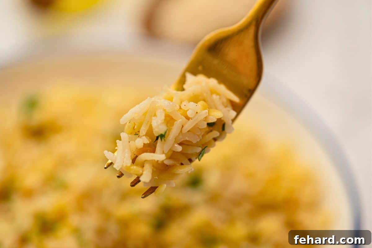 Forkful of fluffy toasted orzo rice.
