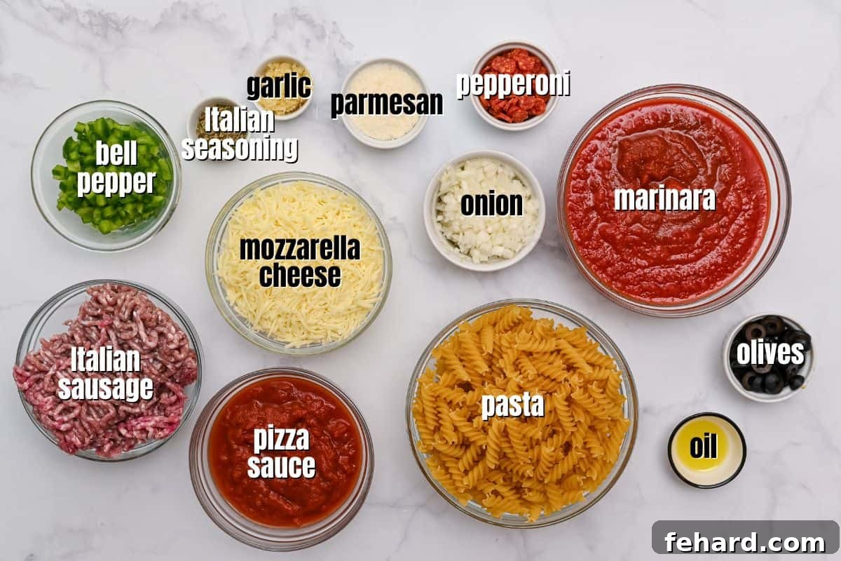 Ingredients for pizza pasta labeled on counter including pizza toppings and optional sausage.