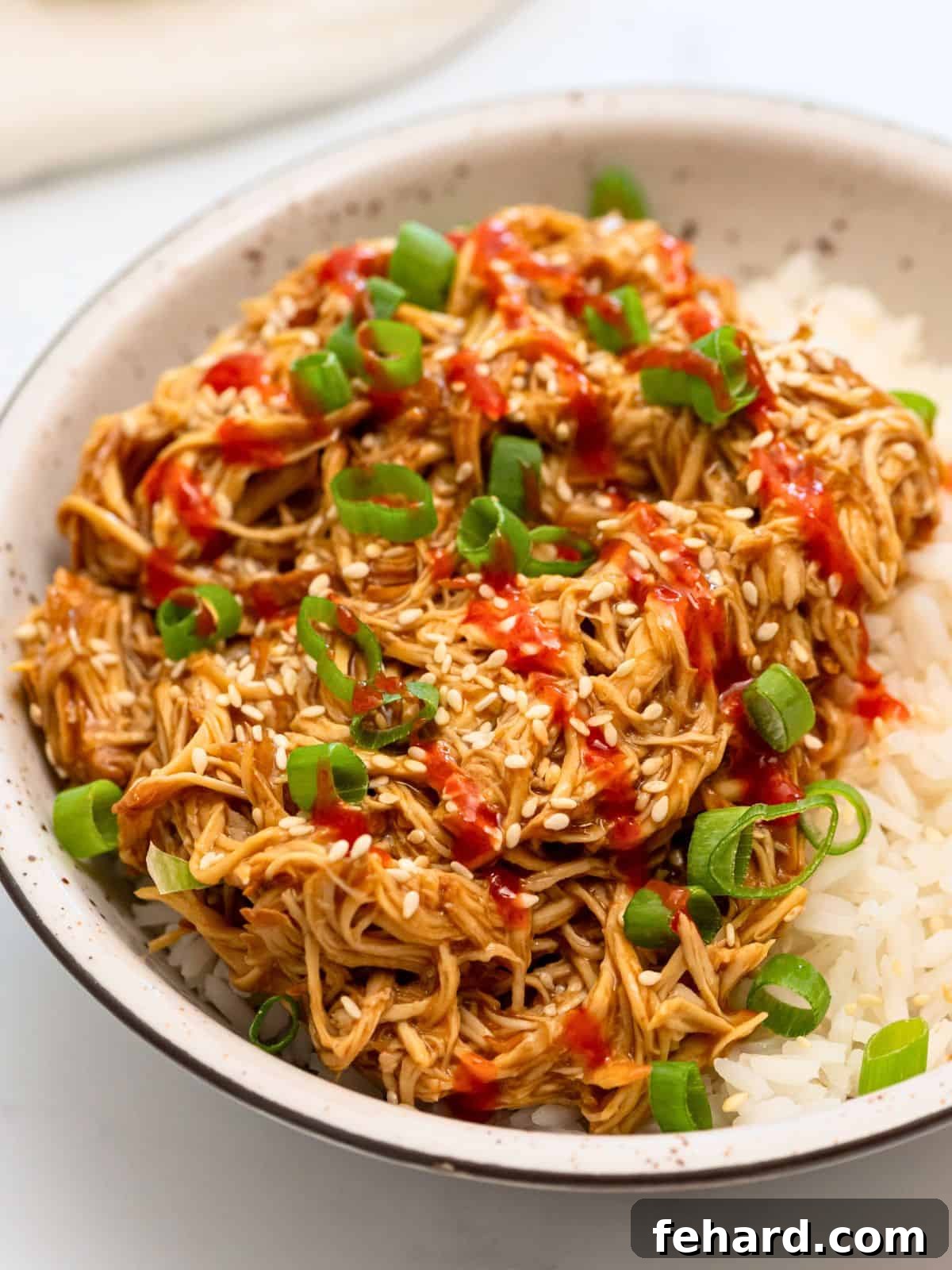 Slow Cooker Shredded Teriyaki Chicken served over white rice topped with vibrant green onions.