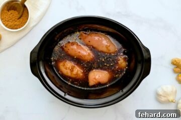 Chicken Breasts in slow cooker topped with homemade teriyaki sauce.