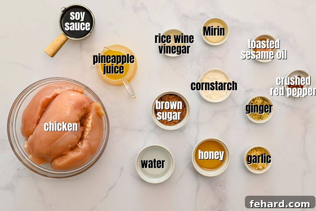 Labeled ingredients for homemade chicken and teriyaki sauce laid out on a kitchen counter.