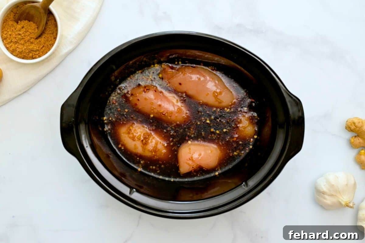 Chicken breasts arranged in a slow cooker insert, ready to be covered with homemade teriyaki sauce.