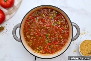 Ground beef, bell peppers, and brown rice simmering in rich tomato broth in large stockpan.