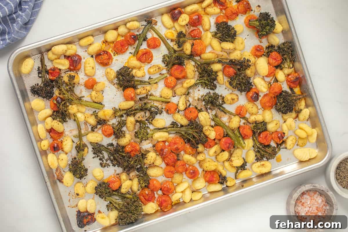 Roasted gnocchi, broccolini, and grape tomatoes tossed with olive oil garlic powder, red pepper flakes, and oregano, garnished with parsley and parmesan.