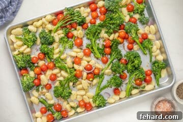 Potato gnocchi, broccolini, and grape tomatoes tossed with olive oil garlic powder, red pepper flakes, and oregano.