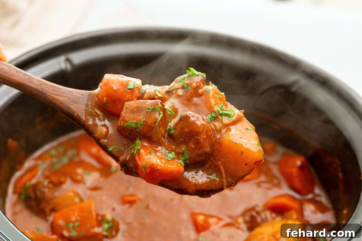 A ladle lifts a spoonful of homemade Crockpot Beef Stew, showcasing tender potatoes, carrots, and succulent chuck roast from the slow cooker.