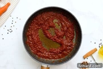 Red wine, onions, and tomato paste in skillet after simmering for a bit for beef stew.