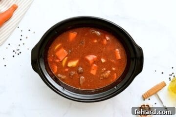 Browned beef, beef stock, tomato paste, potatoes and carrots in slow cooker before slow cooking.