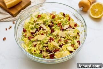 Large mixing bowl with shaved Brussels Sprouts tossed with honey lemon dressing, diced apples, dried cranberries, shaved parmesan, and chopped toasted pecans.