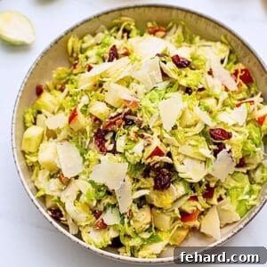 Salad dished out made with shaved Brussels Sprouts tossed with honey lemon dressing, diced apples, dried cranberries, shaved parmesan, and chopped toasted pecans.