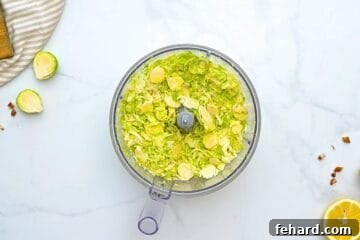 Food Processor with shaved brussels sprouts inside.