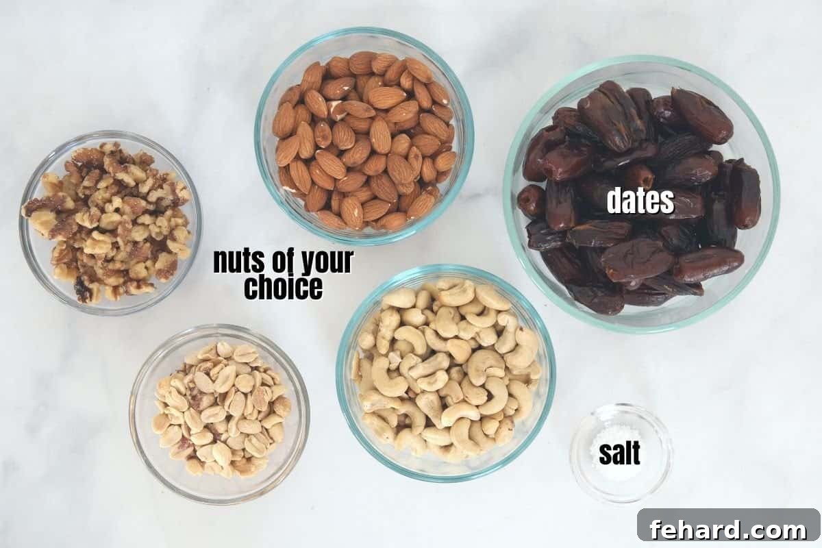 Bowls of dates, almonds, walnuts, cashews, and peanuts on counter - Core ingredients for making copycat Larabars.