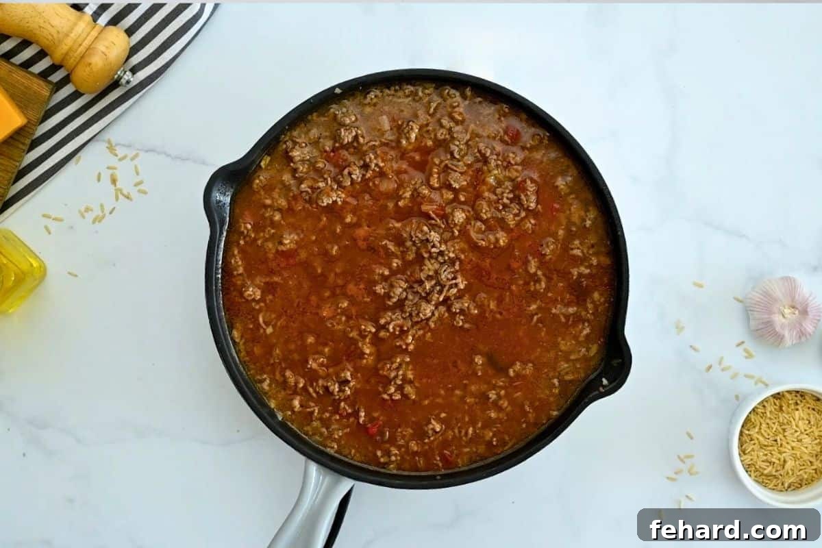 Taco Rice Bake A deep skillet filled with seasoned taco meat, salsa, and beef broth, brought to a boil on the stovetop.