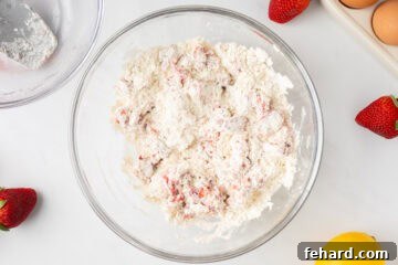 Diced strawberries tossed with dry ingredients.