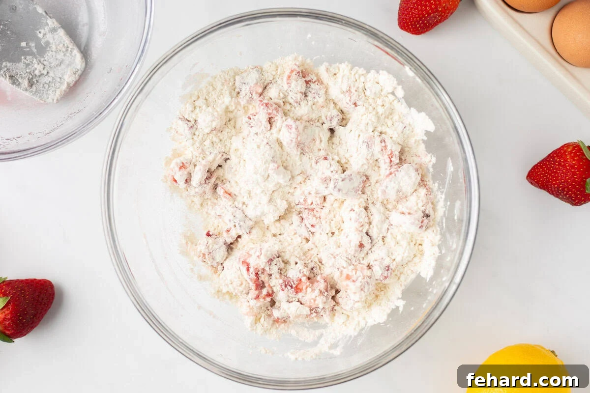 Diced strawberries tossed with dry ingredients.