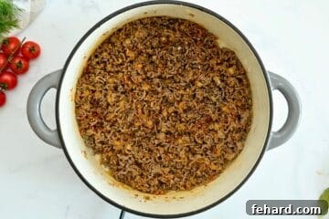 Browned ground beef with paprika, onion powder, diced onion, and garlic cooked together in large Dutch oven for base of unstuffed cabbage rolls.