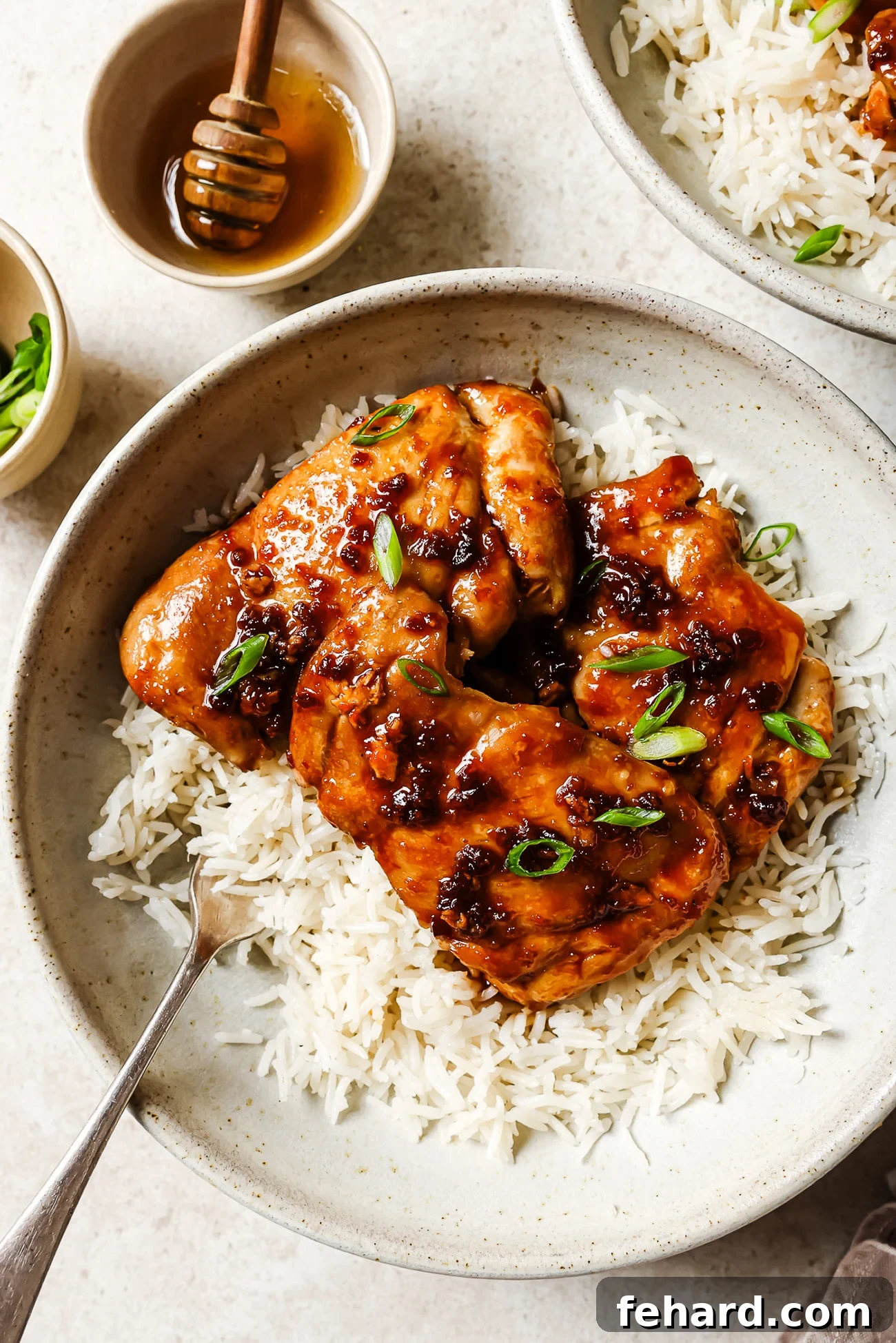 Close-up of honey garlic chicken thighs served over fluffy white rice in a pristine white bowl, garnished with fresh green onions.