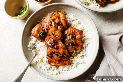 Plated honey garlic chicken thighs served with rice and garnished with green onions.