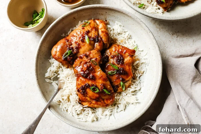 Close-up of a serving of honey garlic chicken thighs nestled over rice in a white bowl, glistening with sauce and garnished with green onions.