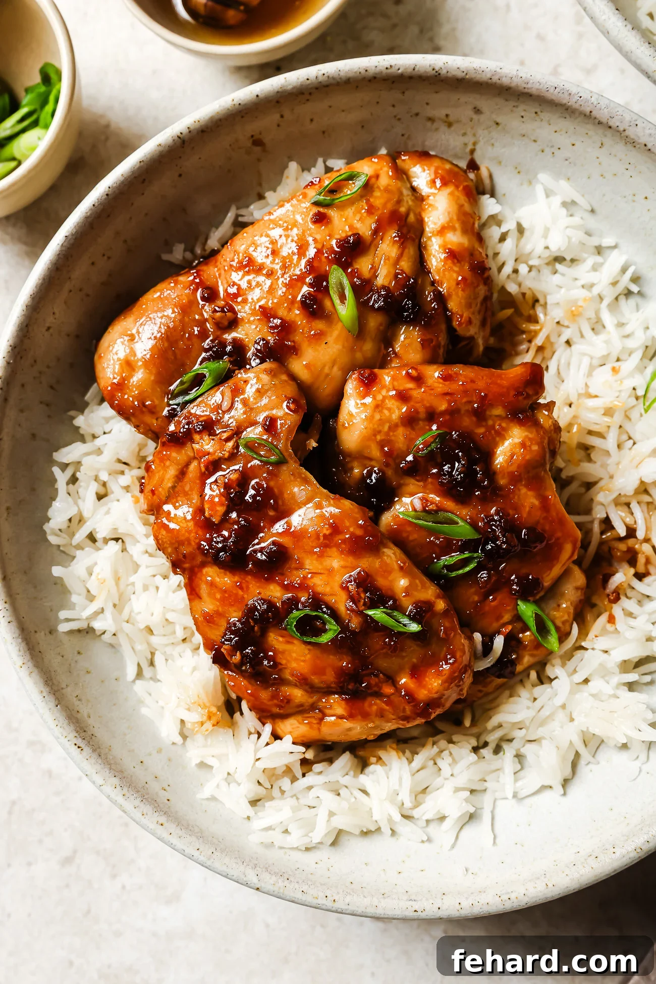Close-up of a serving of honey garlic chicken thighs nestled over rice in a white bowl, glistening with sauce and garnished with green onions.