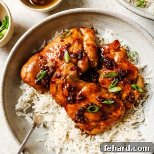 Close-up of honey garlic chicken thighs served over rice in a white bowl.